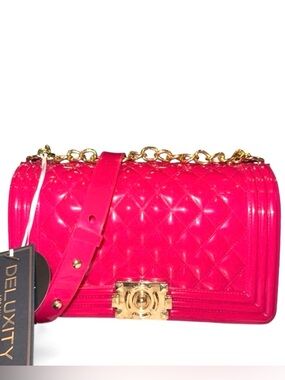 DELUXITY Hot Pink Quilted X-body Jelly Bag with Gold Chain